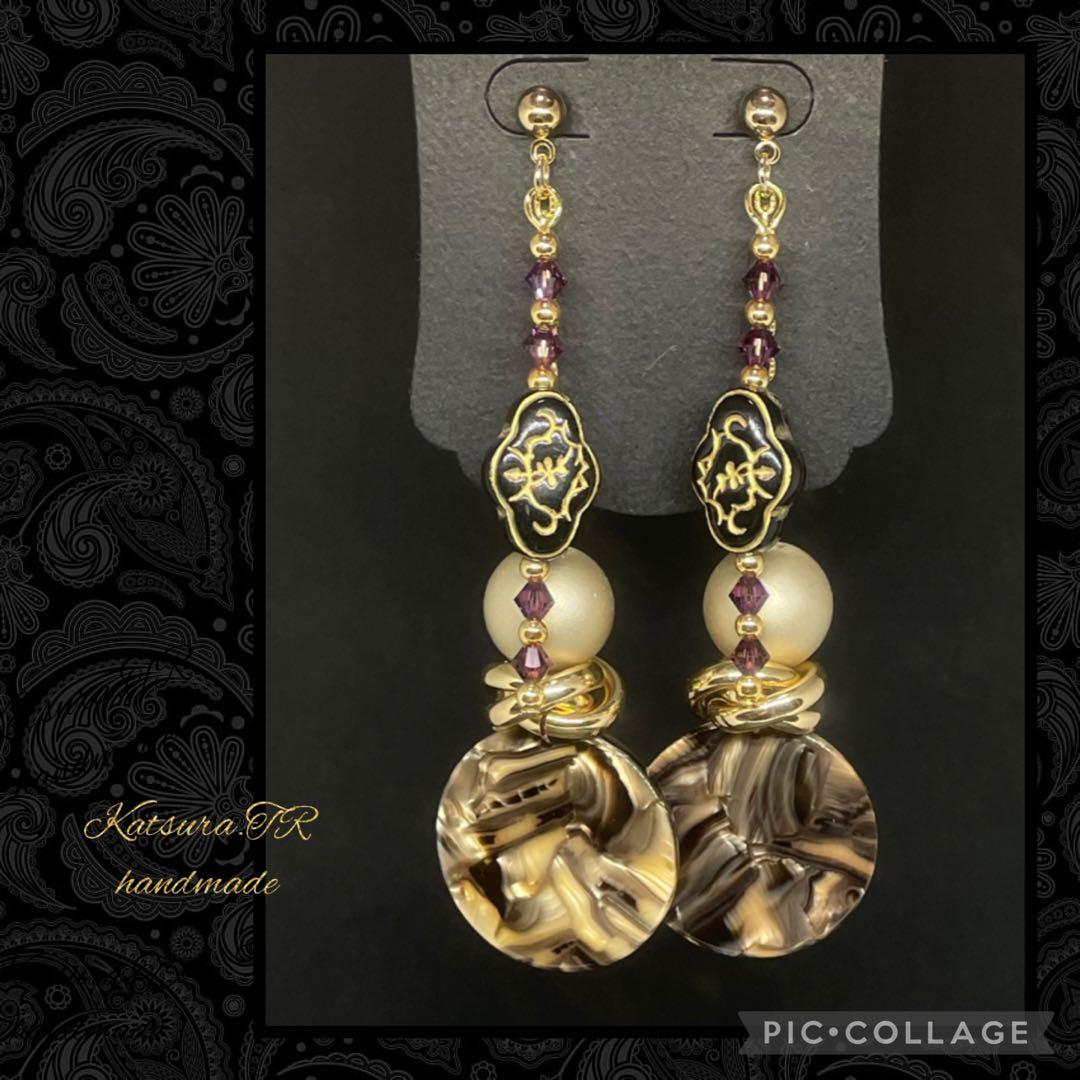 No.1179 ブラウンマーブルとスワロフスキー の ロングピアス　大ぶり