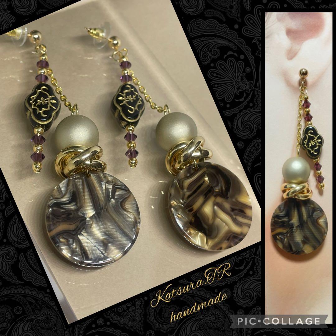 No.1179 ブラウンマーブルとスワロフスキー の ロングピアス　大ぶり