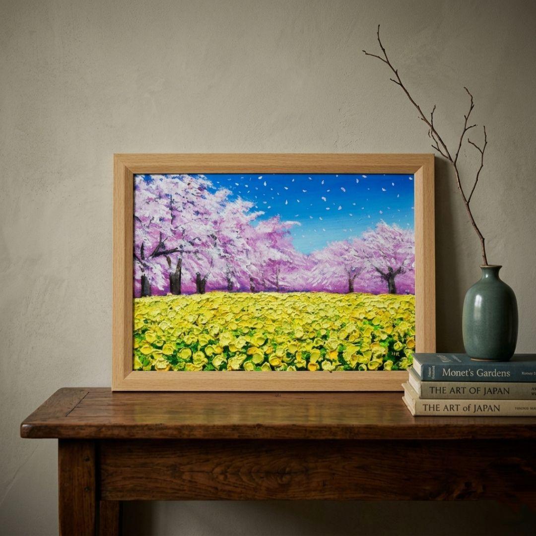 油絵 原画「生命の輝きと春の風」A4 額装付 西都原古墳群 桜 菜の花
