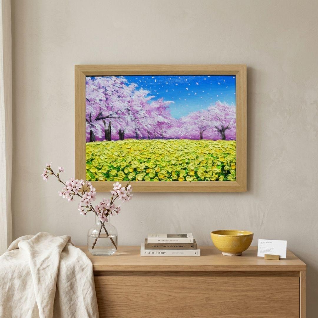 油絵 原画「生命の輝きと春の風」A4 額装付 西都原古墳群 桜 菜の花