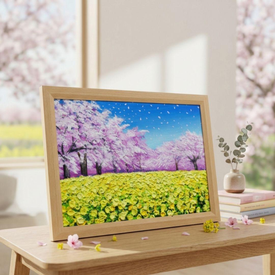 油絵 原画「生命の輝きと春の風」A4 額装付 西都原古墳群 桜 菜の花