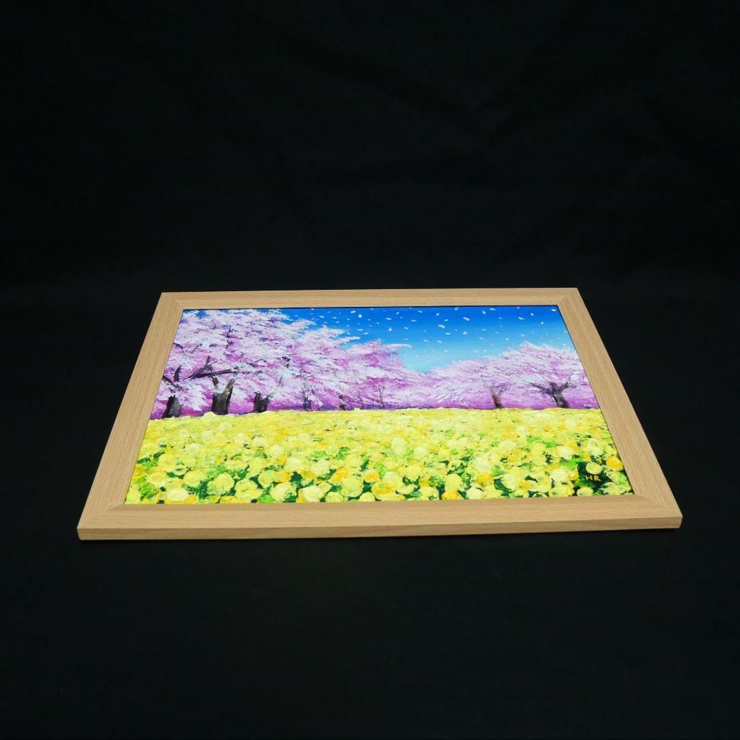 油絵 原画「生命の輝きと春の風」A4 額装付 西都原古墳群 桜 菜の花