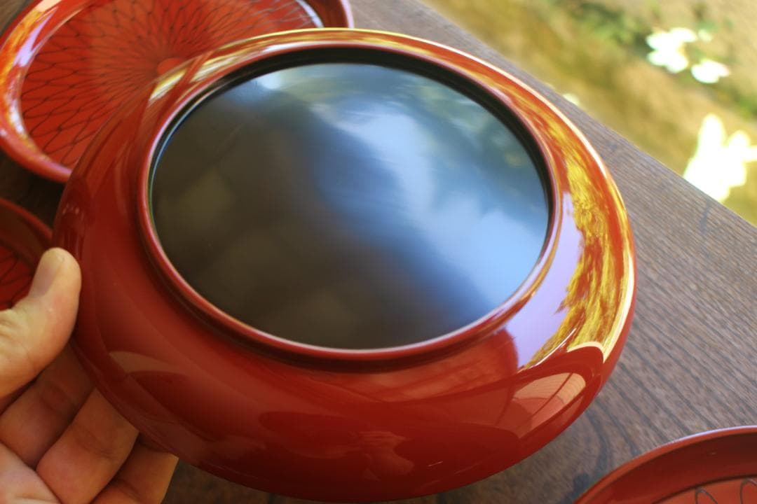 デッドストック！極上朱漆に風情ある網目文の映えるお皿5点（検京漆器菓子皿銘々皿