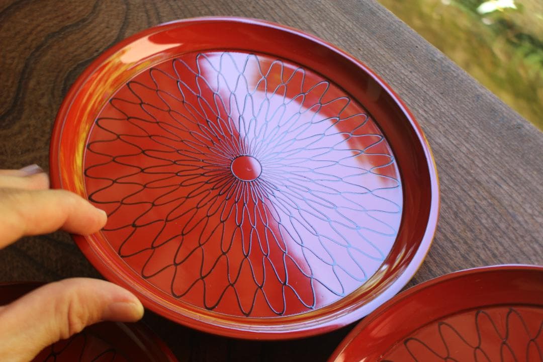 デッドストック！極上朱漆に風情ある網目文の映えるお皿5点（検京漆器菓子皿銘々皿