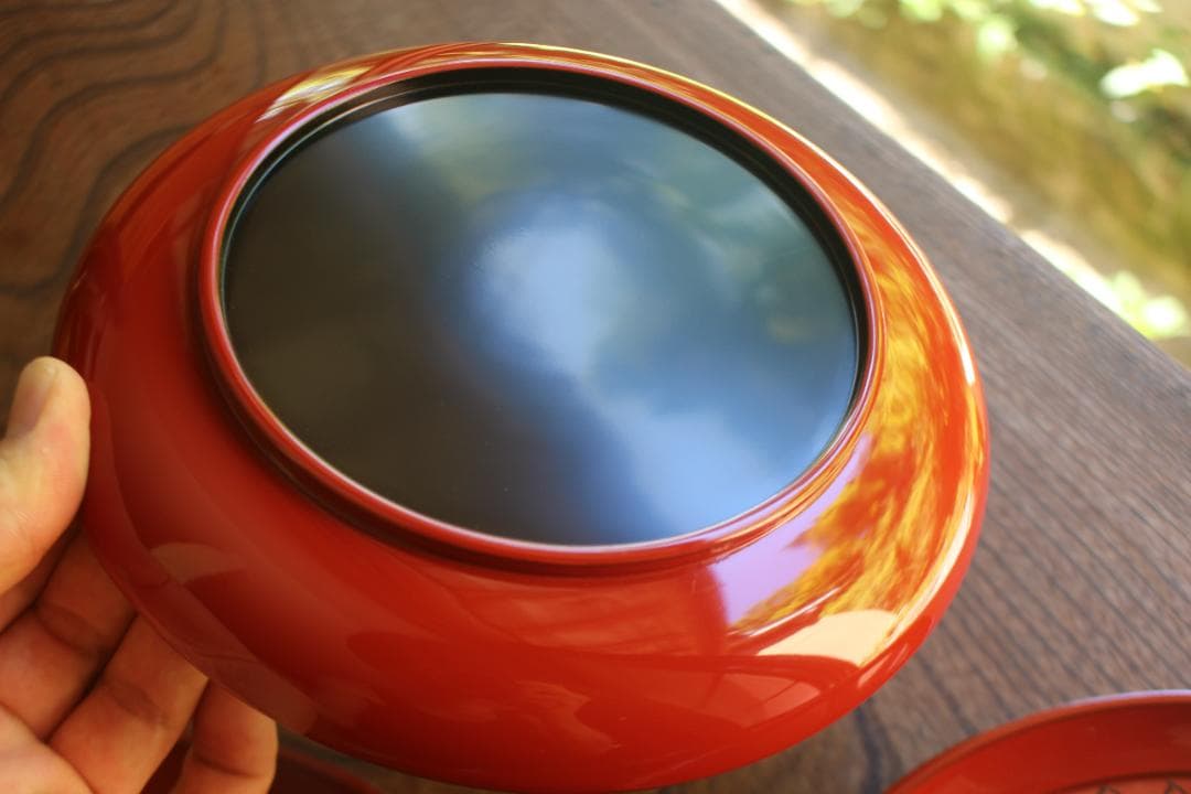 デッドストック！極上朱漆に風情ある網目文の映えるお皿5点（検京漆器菓子皿銘々皿