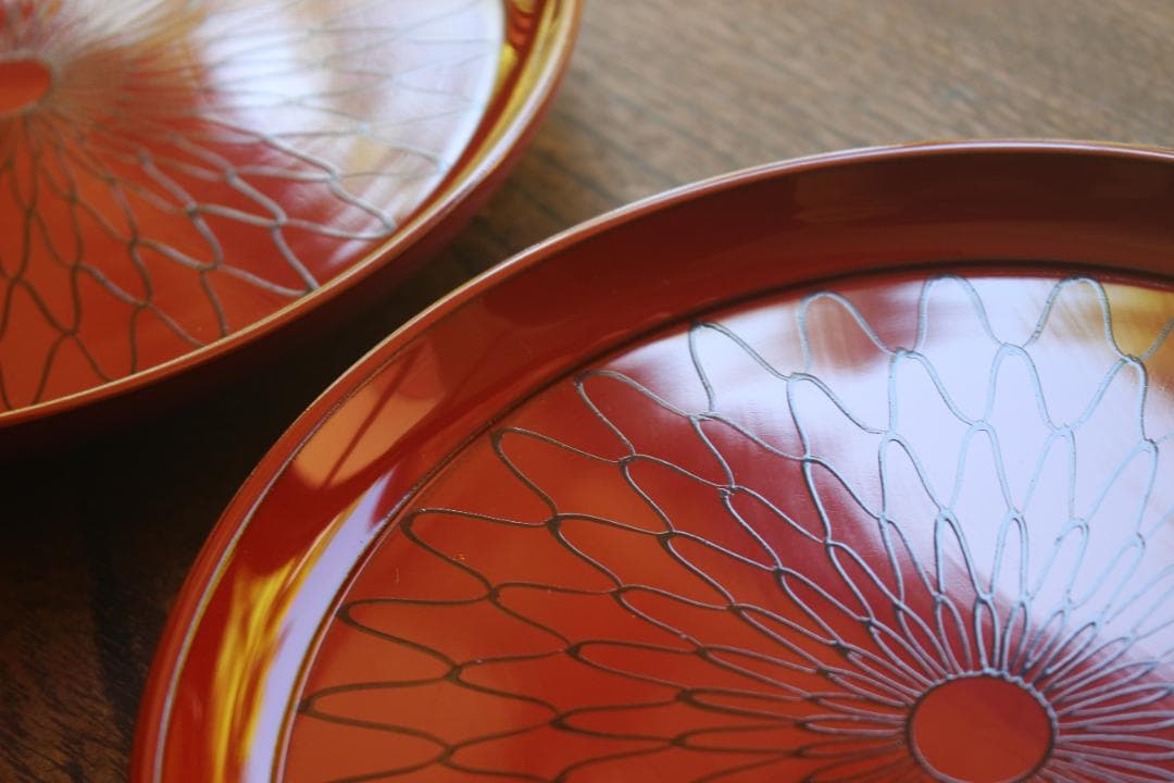 デッドストック！極上朱漆に風情ある網目文の映えるお皿5点（検京漆器菓子皿銘々皿