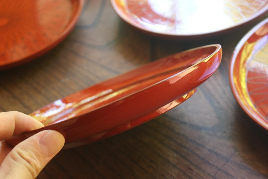 デッドストック！極上朱漆に風情ある網目文の映えるお皿5点（検京漆器菓子皿銘々皿
