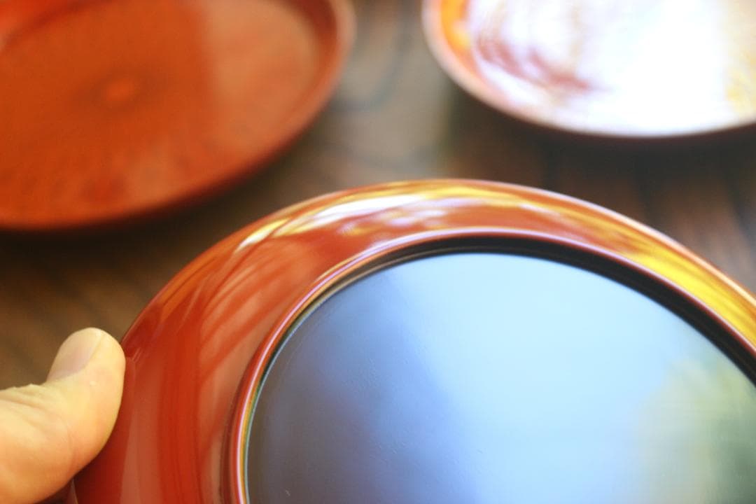 デッドストック！極上朱漆に風情ある網目文の映えるお皿5点（検京漆器菓子皿銘々皿