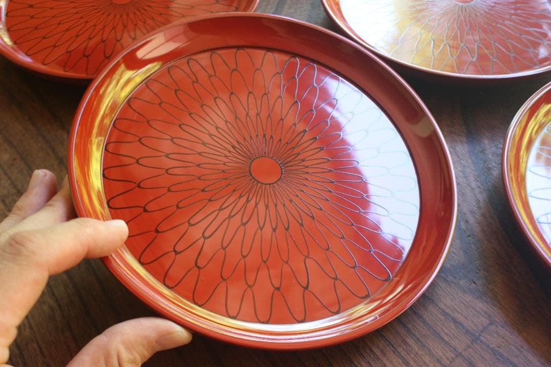 デッドストック！極上朱漆に風情ある網目文の映えるお皿5点（検京漆器菓子皿銘々皿
