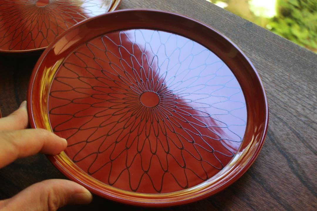 デッドストック！極上朱漆に風情ある網目文の映えるお皿5点（検京漆器菓子皿銘々皿