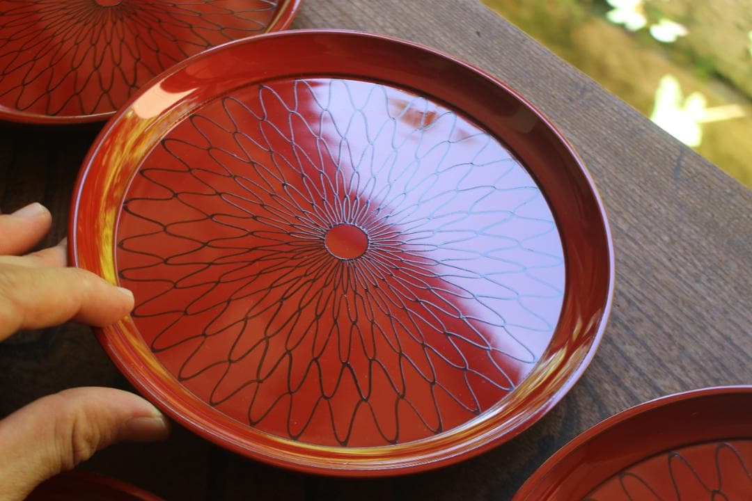 デッドストック！極上朱漆に風情ある網目文の映えるお皿5点（検京漆器菓子皿銘々皿