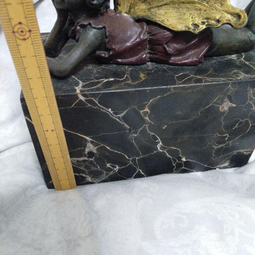 中古　ほおづえ　妖精　天使　少女像 金色の羽　大理石風の台