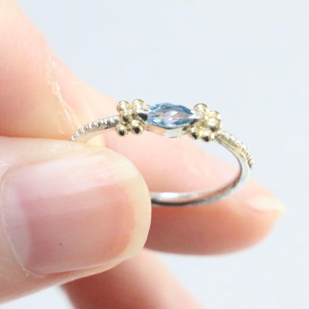 マーキスカットのサンタマリアアクアマリンK10粒々ミル打ちシルバーリング9号