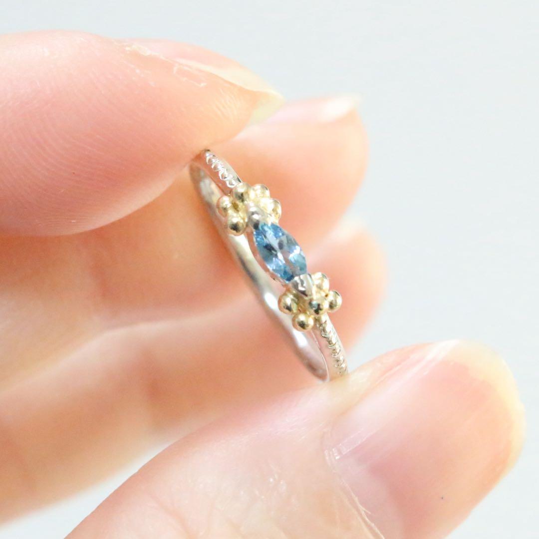 マーキスカットのサンタマリアアクアマリンK10粒々ミル打ちシルバーリング9号