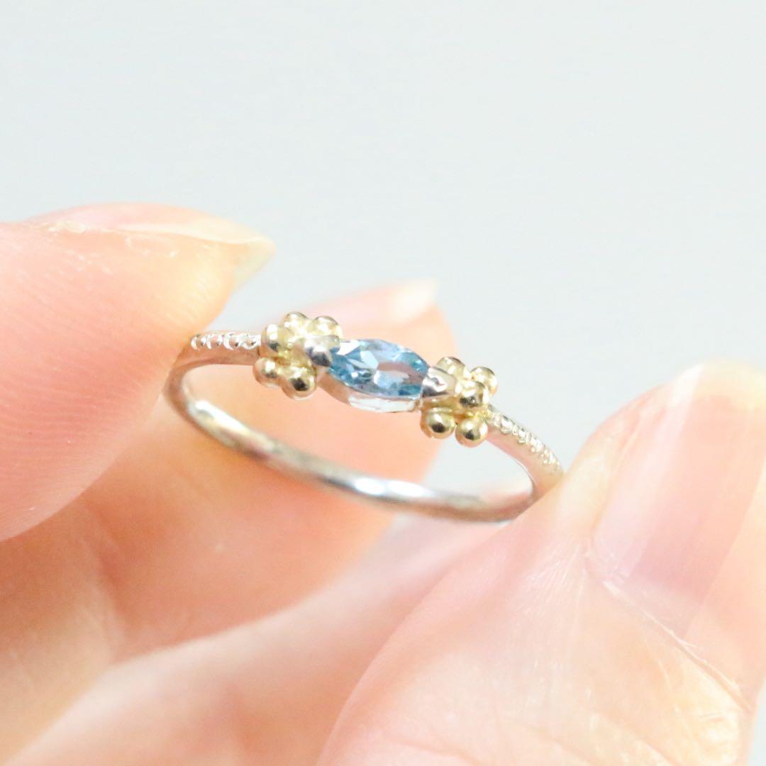 マーキスカットのサンタマリアアクアマリンK10粒々ミル打ちシルバーリング9号