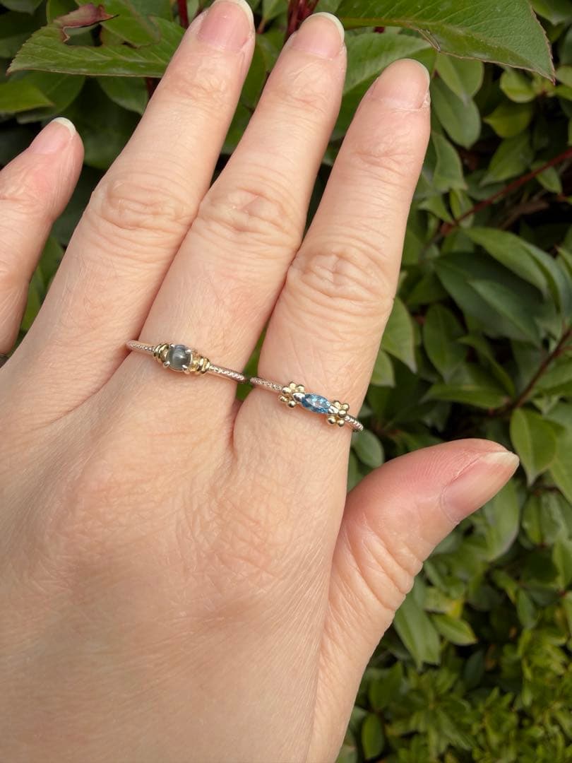 マーキスカットのサンタマリアアクアマリンK10粒々ミル打ちシルバーリング9号