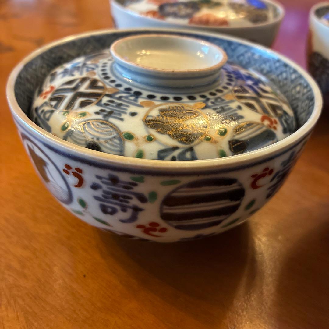 古伊万里　蓋付茶碗　4客