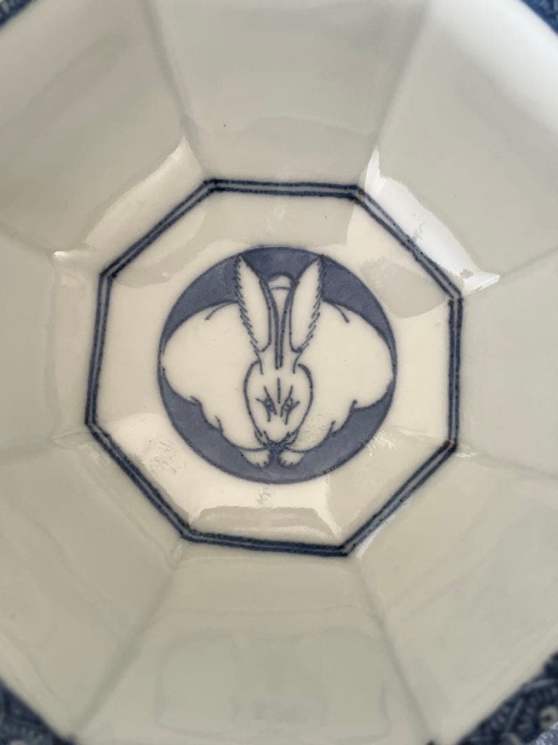 江戸後期　古伊万里　染付八角蓋付椀　真っ向兎　白鷺　うさぎ　亀甲