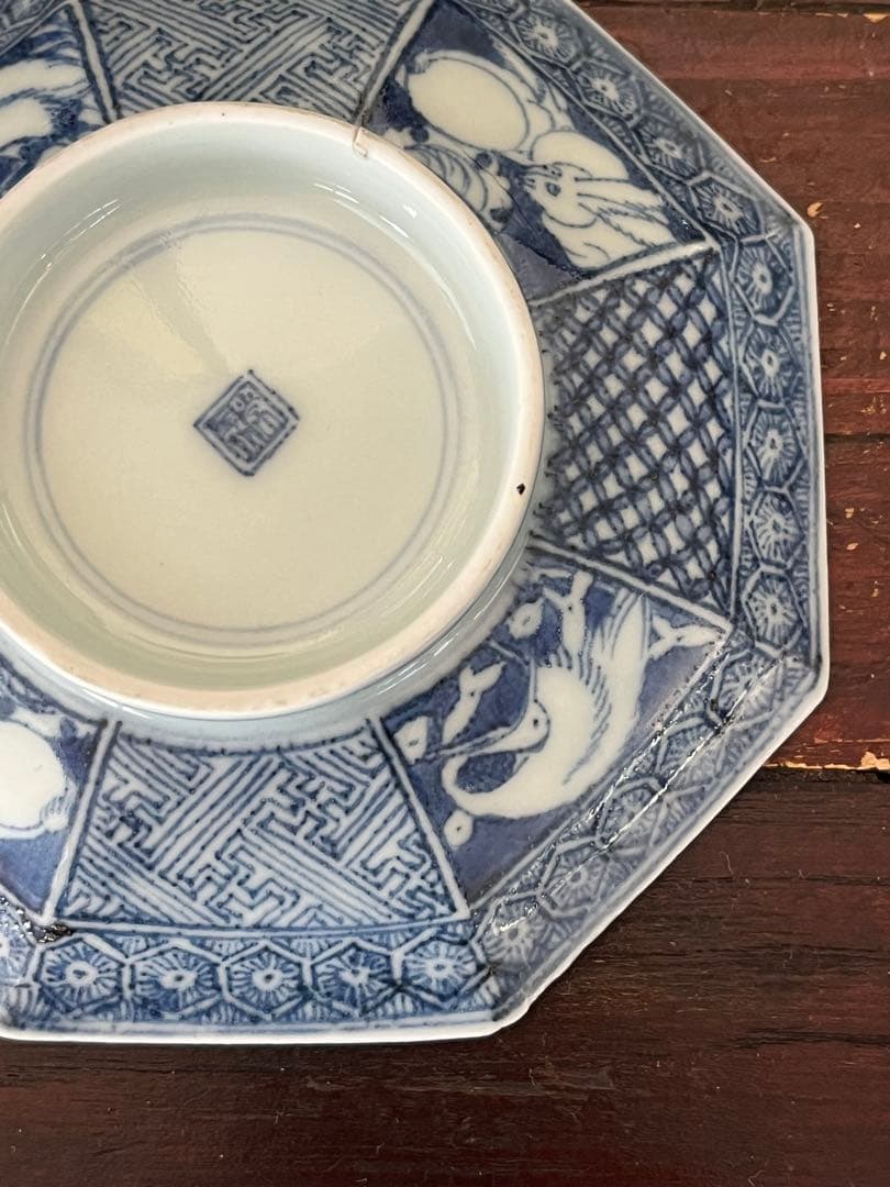 江戸後期　古伊万里　染付八角蓋付椀　真っ向兎　白鷺　うさぎ　亀甲