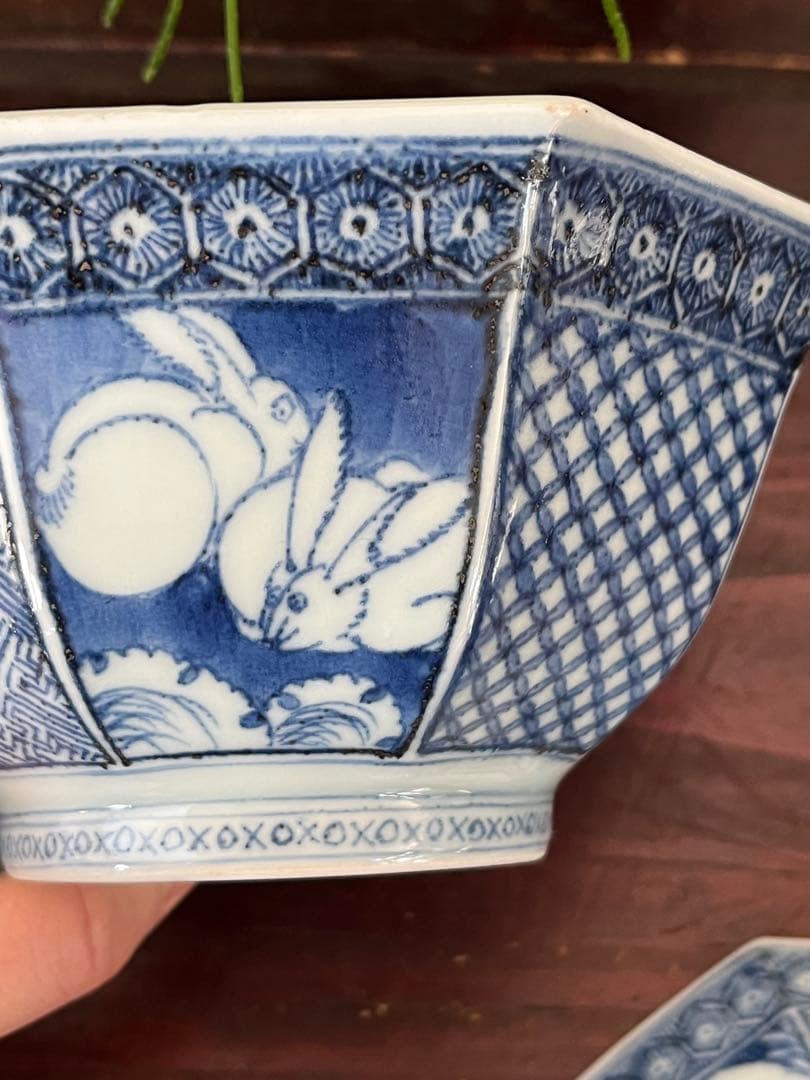 江戸後期　古伊万里　染付八角蓋付椀　真っ向兎　白鷺　うさぎ　亀甲