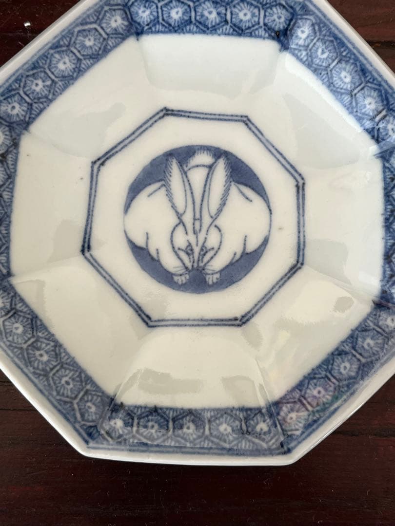 江戸後期　古伊万里　染付八角蓋付椀　真っ向兎　白鷺　うさぎ　亀甲