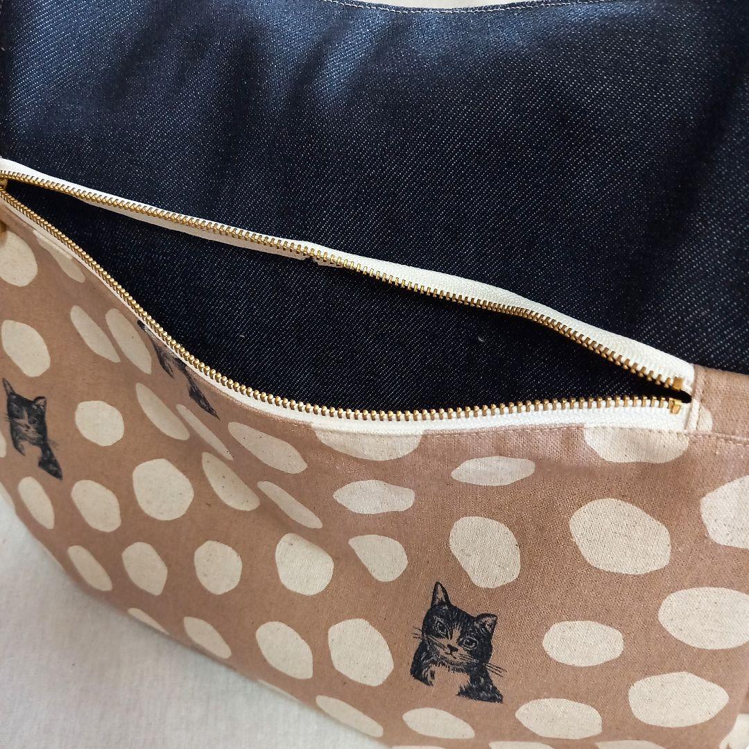 手作り☆ビッグトートバッグ☆ベージュドットねこちゃん&ハードデニム☆echino