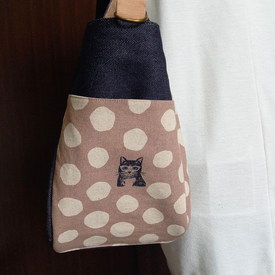 手作り☆ビッグトートバッグ☆ベージュドットねこちゃん&ハードデニム☆echino