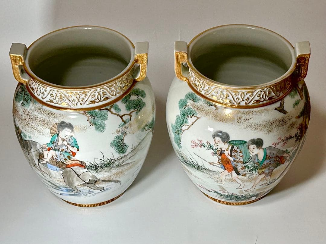 初代川本桝吉 博覧会出品作 安井如苞 大日本七宝会社 牧童図花瓶 明治 瀬戸焼