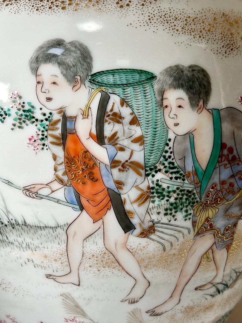 初代川本桝吉 博覧会出品作 安井如苞 大日本七宝会社 牧童図花瓶 明治 瀬戸焼