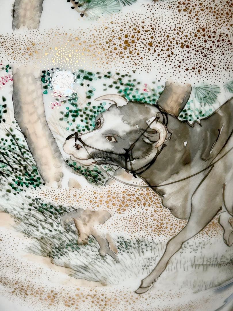 初代川本桝吉 博覧会出品作 安井如苞 大日本七宝会社 牧童図花瓶 明治 瀬戸焼