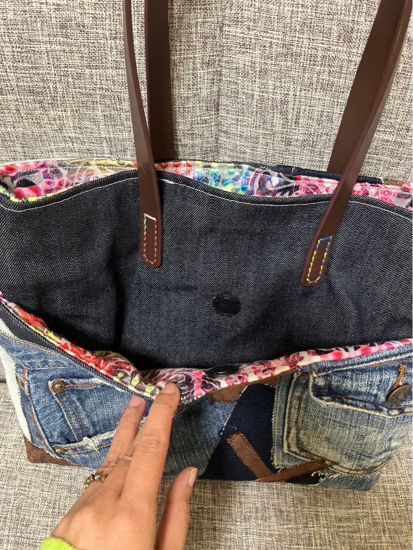 アンズルーム★デニムパッチワーク　トートバッグ★柿渋染め★A4★ユニセックス