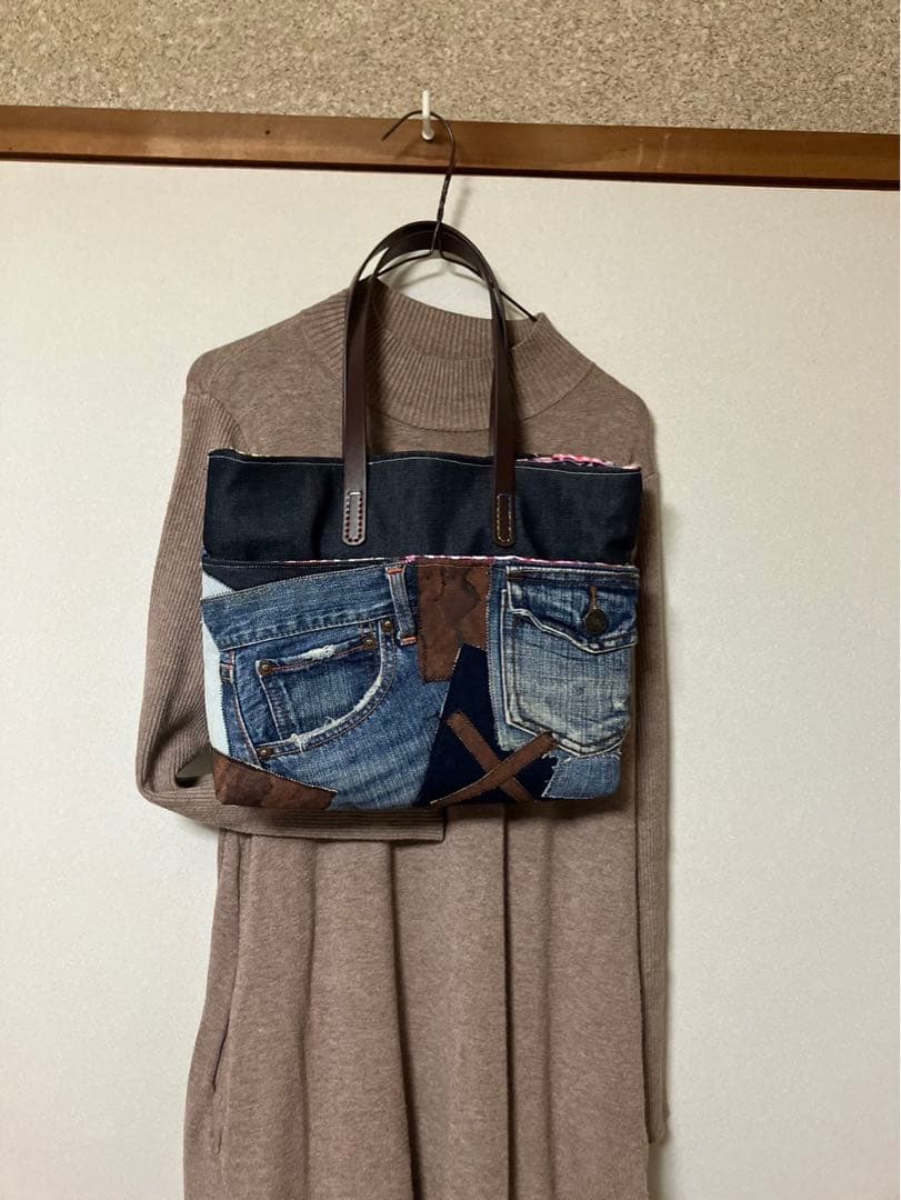 アンズルーム★デニムパッチワーク　トートバッグ★柿渋染め★A4★ユニセックス