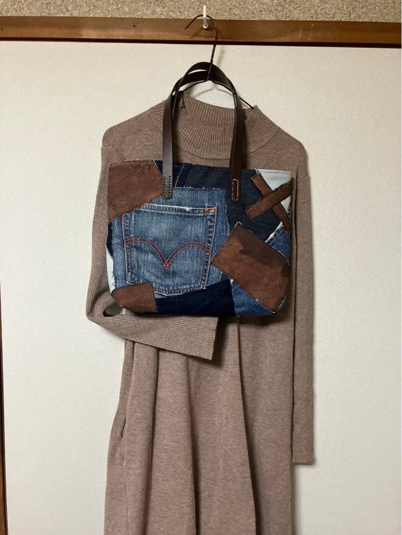 アンズルーム★デニムパッチワーク　トートバッグ★柿渋染め★A4★ユニセックス