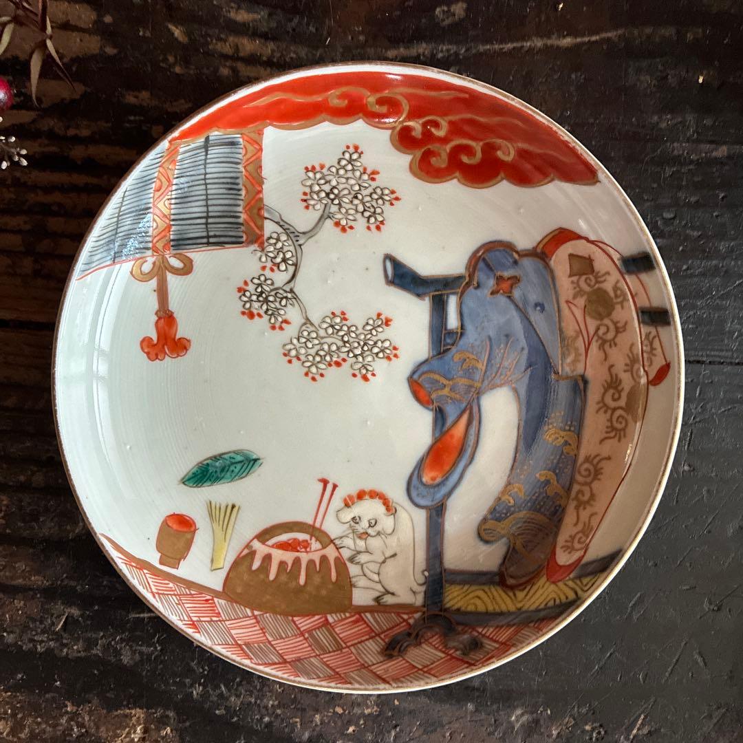 骨董　古伊万里　金彩色絵　面白図案　火鉢　猫　花見御簾　男女色掛け　風流２客限り