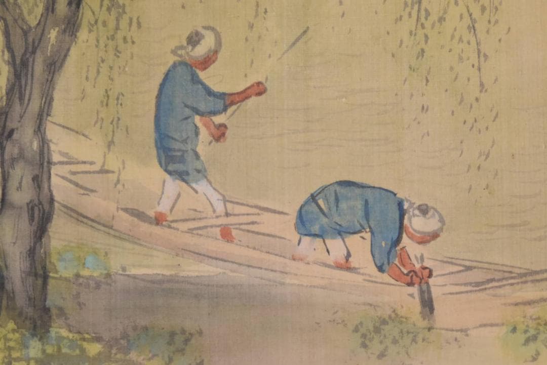 【真作】耕文/柳下漁婦図/漁夫図/掛軸/名家伝来/AA-759