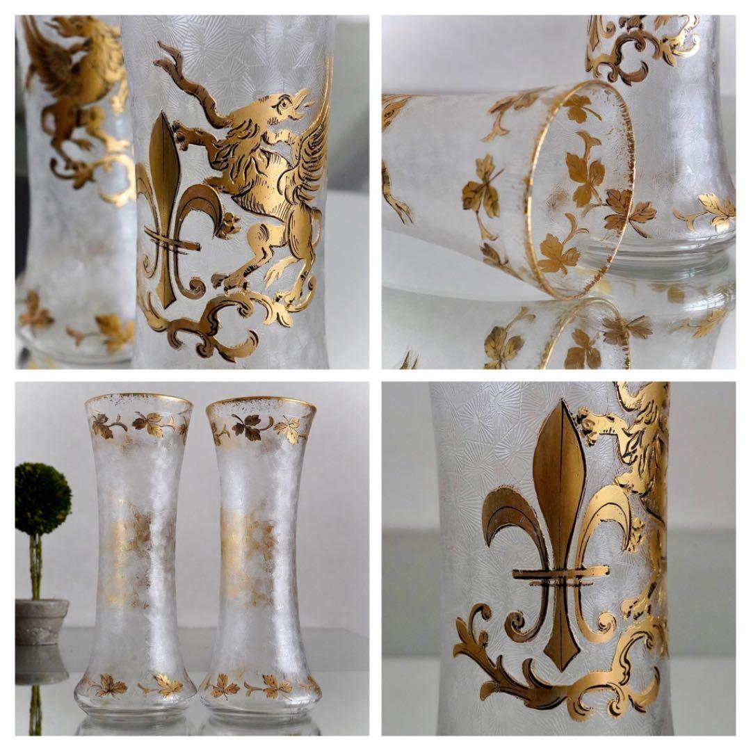 極美品★1900年オールドサンルイ アシッドエッチング＆金彩 花瓶ペア★極希少