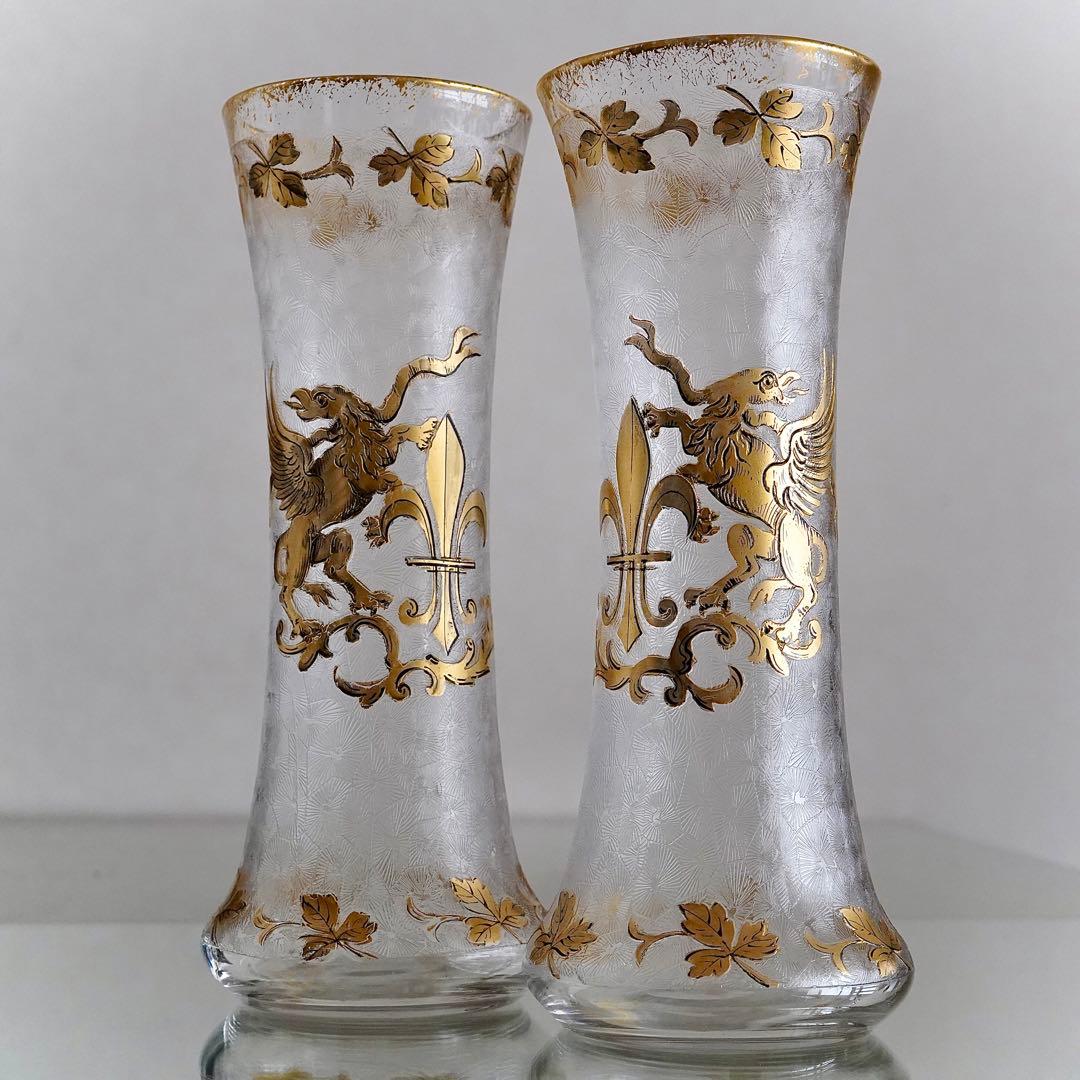 極美品★1900年オールドサンルイ アシッドエッチング＆金彩 花瓶ペア★極希少