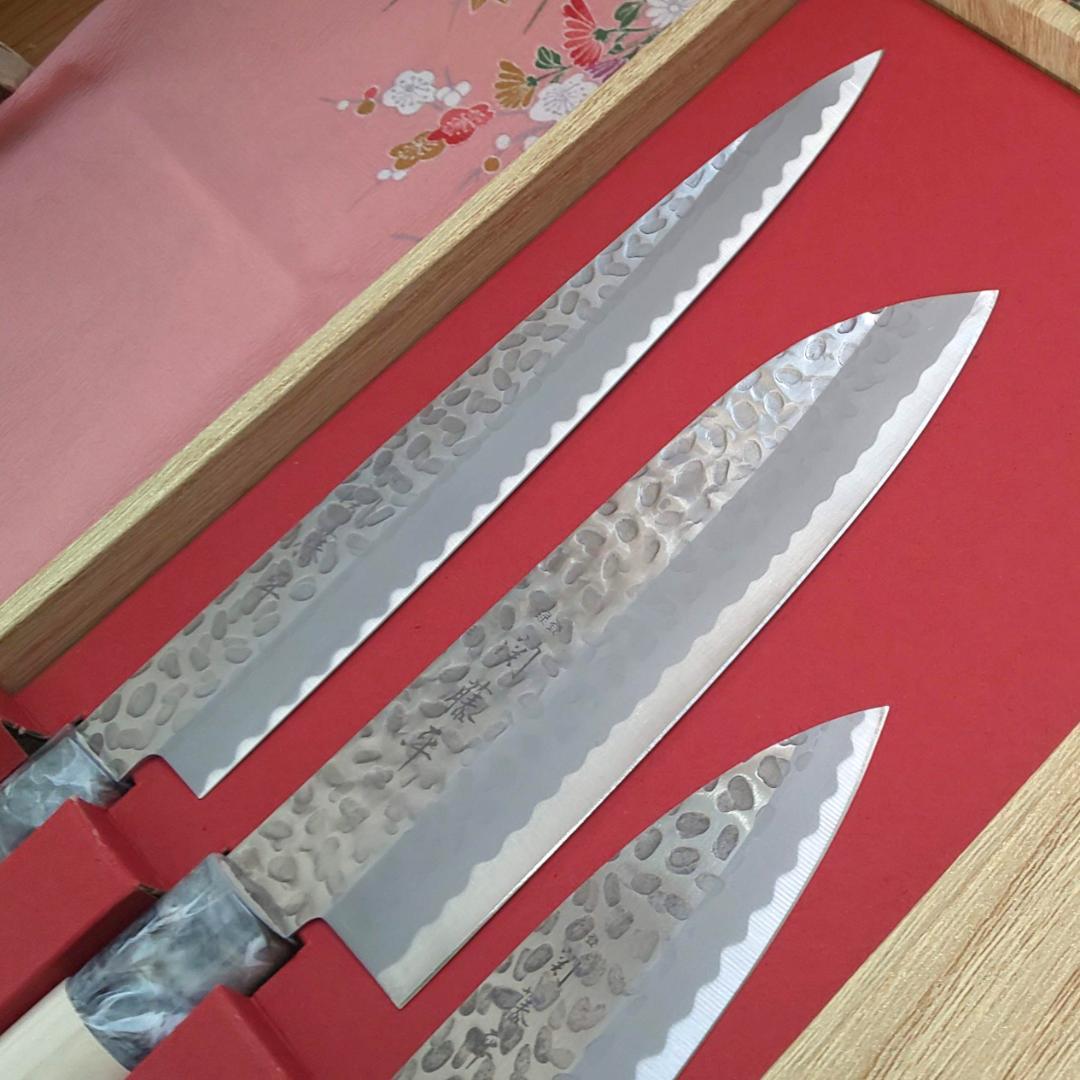 【贈り物に！】関藤平 鎚起 柳刃（刺身） 三徳 小出刃 包丁セット（箱あり）