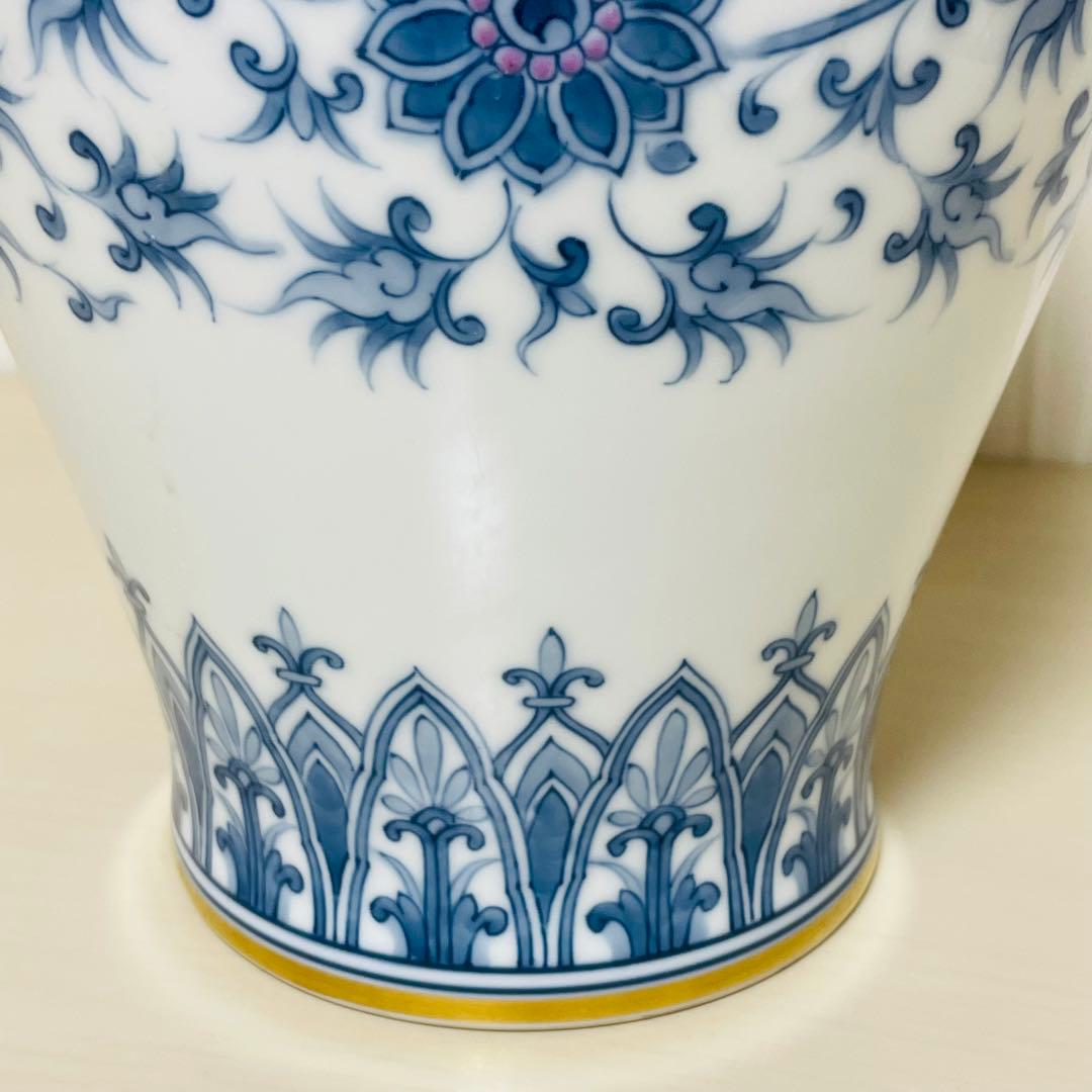 大型 大倉陶園 呉須唐草 花瓶 花器 フラワーベース 壺 36cm