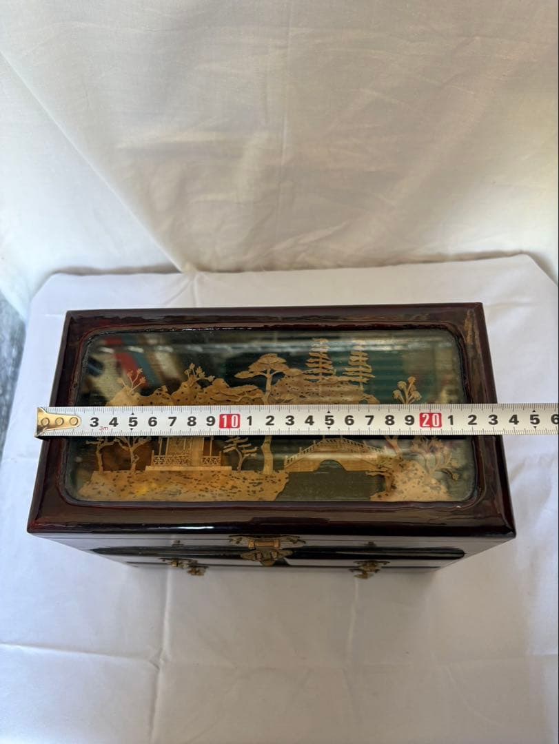 中国伝統工芸品 コルク細工 楼閣山水図 ジュエリーボックス 多段構造 オルゴール