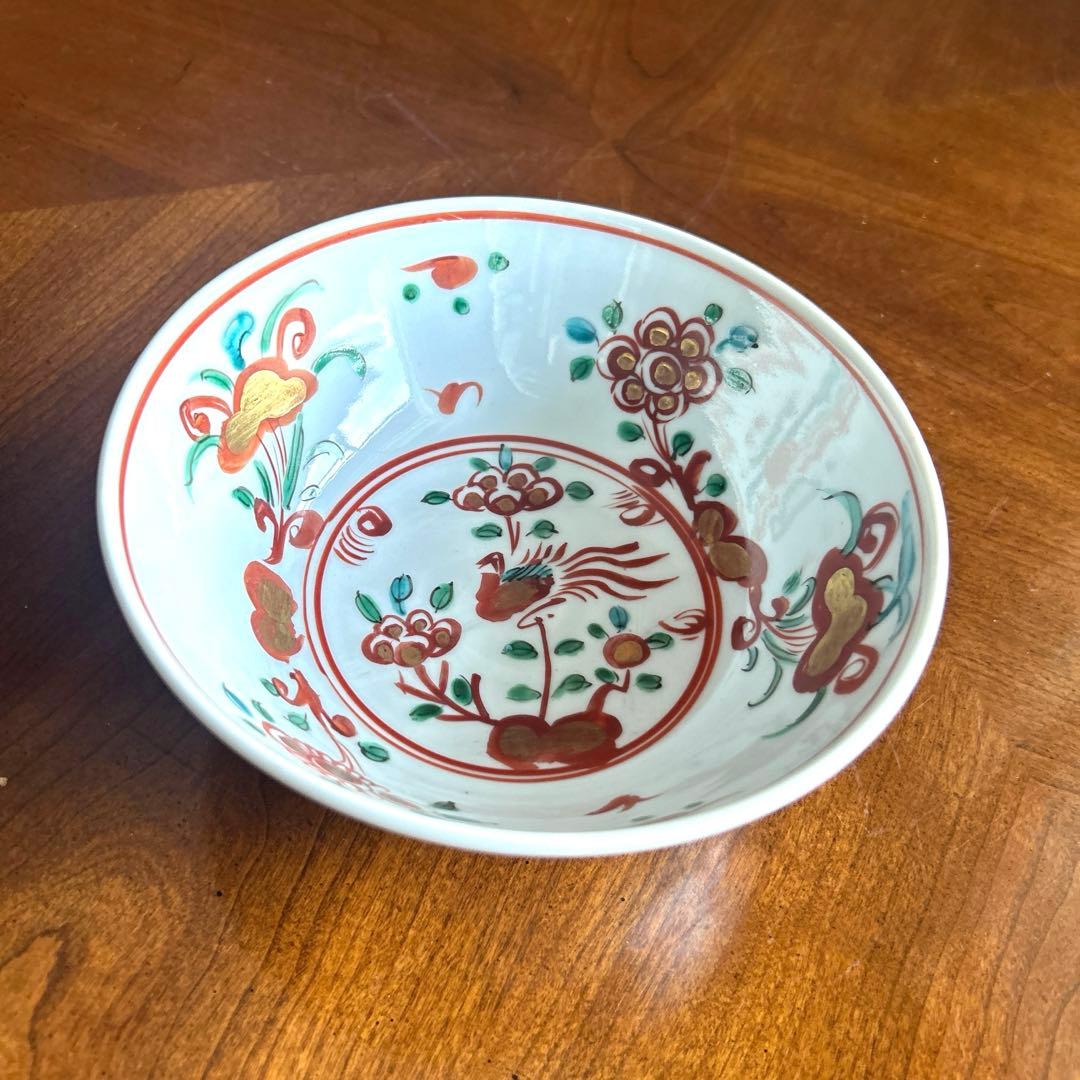 120◆九谷焼　呉須赤絵　中鉢　花鳥画　赤絵鉢18cm