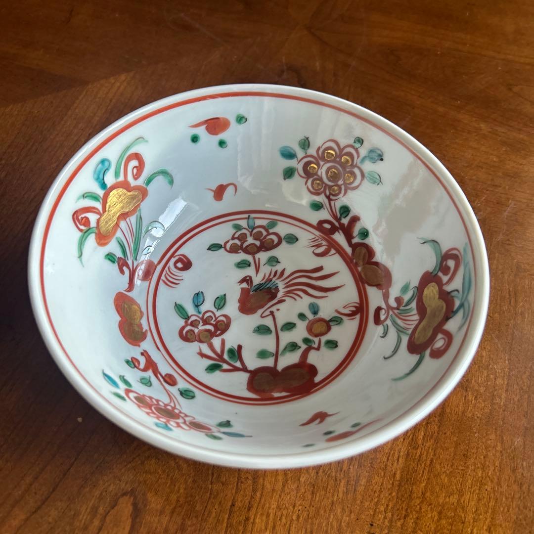 120◆九谷焼　呉須赤絵　中鉢　花鳥画　赤絵鉢18cm