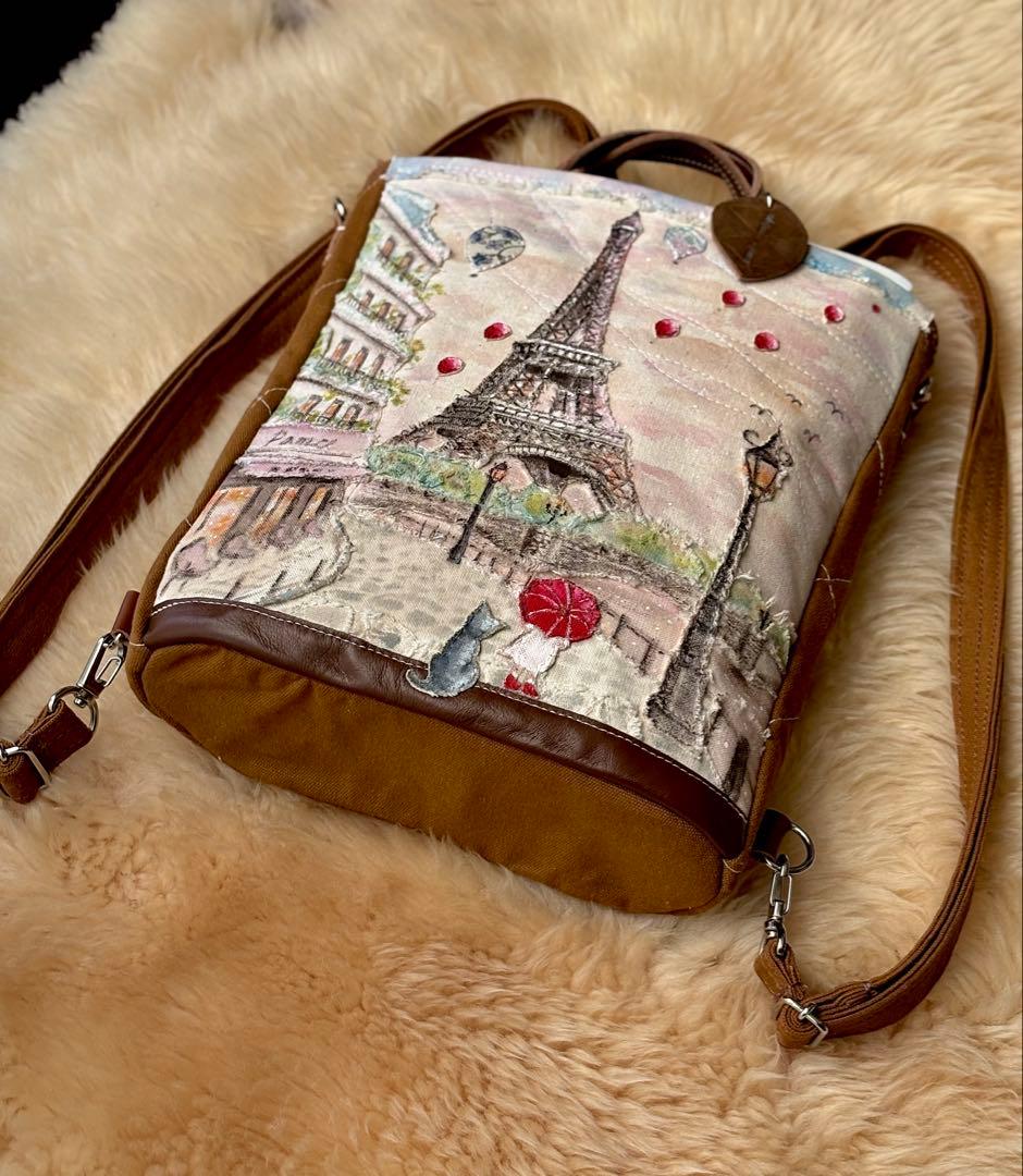 (手づくり)\"雨上がりの夕空に\"4wayリュックショルダーバッグパリエッフェル塔