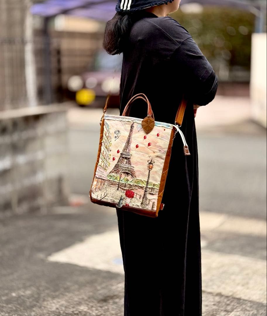 (手づくり)\"雨上がりの夕空に\"4wayリュックショルダーバッグパリエッフェル塔