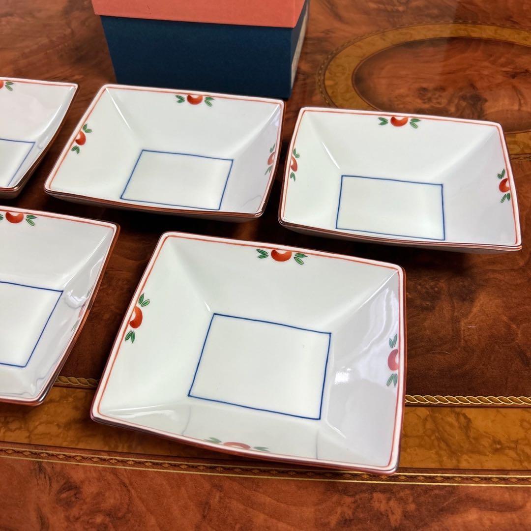 たち吉　橘吉　赤絵　中鉢　５枚セット　煮物鉢　角鉢　染付　おでん鉢　和食器　正月