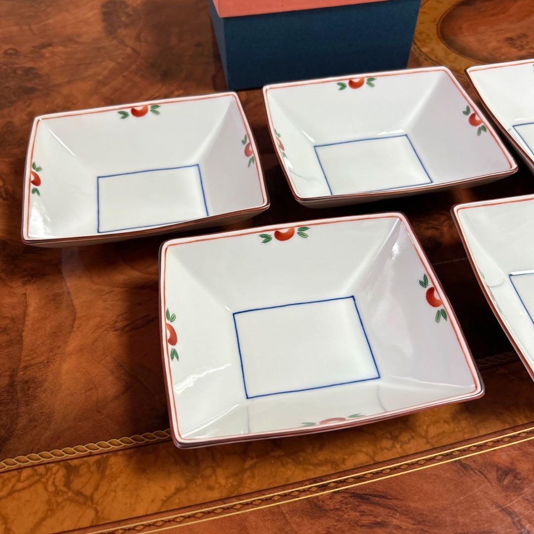 たち吉　橘吉　赤絵　中鉢　５枚セット　煮物鉢　角鉢　染付　おでん鉢　和食器　正月