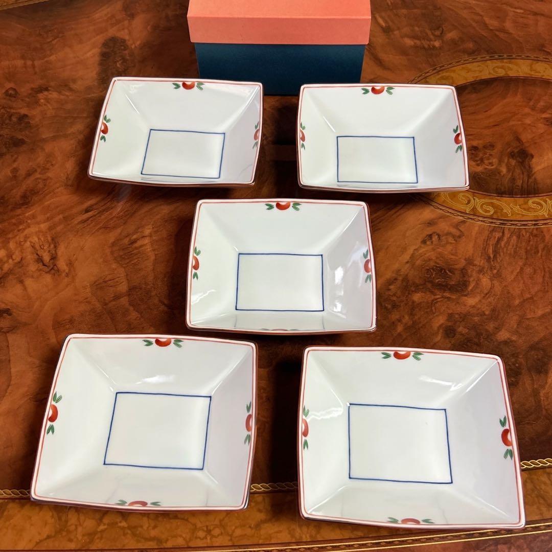 たち吉　橘吉　赤絵　中鉢　５枚セット　煮物鉢　角鉢　染付　おでん鉢　和食器　正月