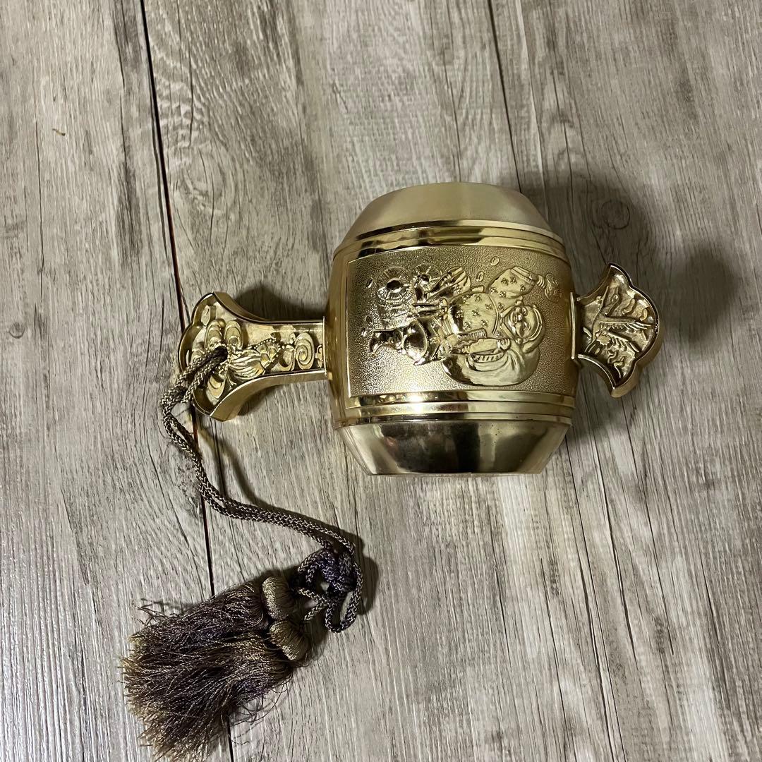 3F 【縁起物】打ち出の小槌 置物 金色 七福神（大黒天・恵比寿）彫刻タッセル付