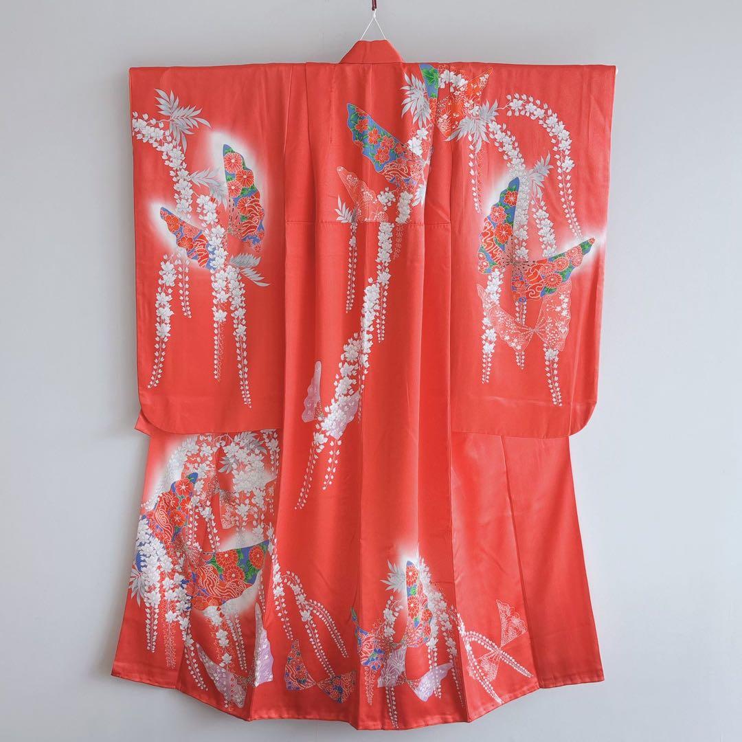 七五三　7歳女児　セット　きもの　赤　扇藤　帯　緑地　簡単半襟　7283