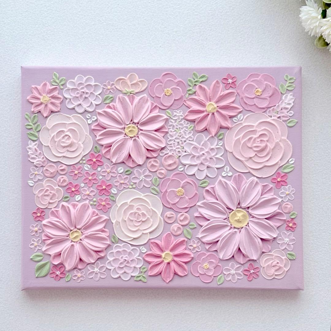 テクスチャーアート 花 インテリアアート ブーケ 花畑 ピンク フラワーアート